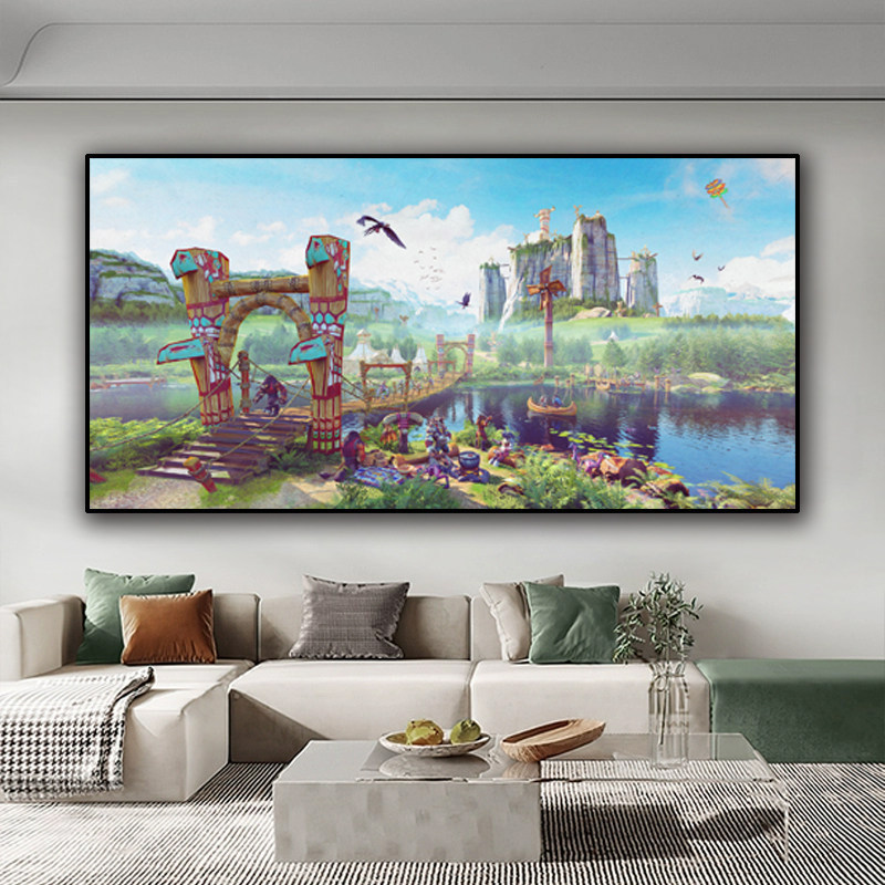 World of Warcraft side-scrolling landscape painting of Thunder Ridge Alliance and Horde in Nagran Lakeside Town, suitable for living room or bedroom decoration