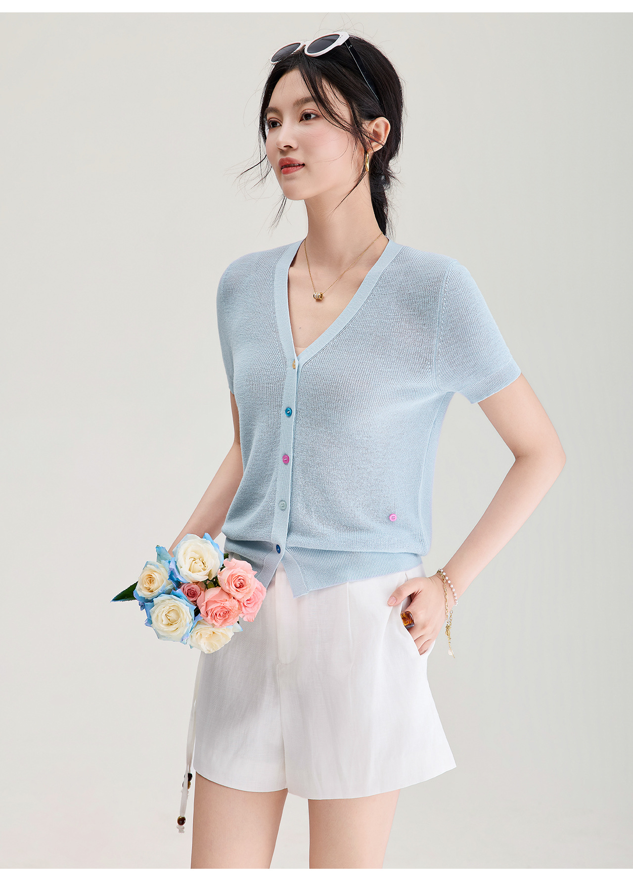 Áo cardigan nữ cổ V dệt kim sợi lanh siêu mịn, cúc màu, thoáng mát mùa hè — xanh lam chi tiết 16