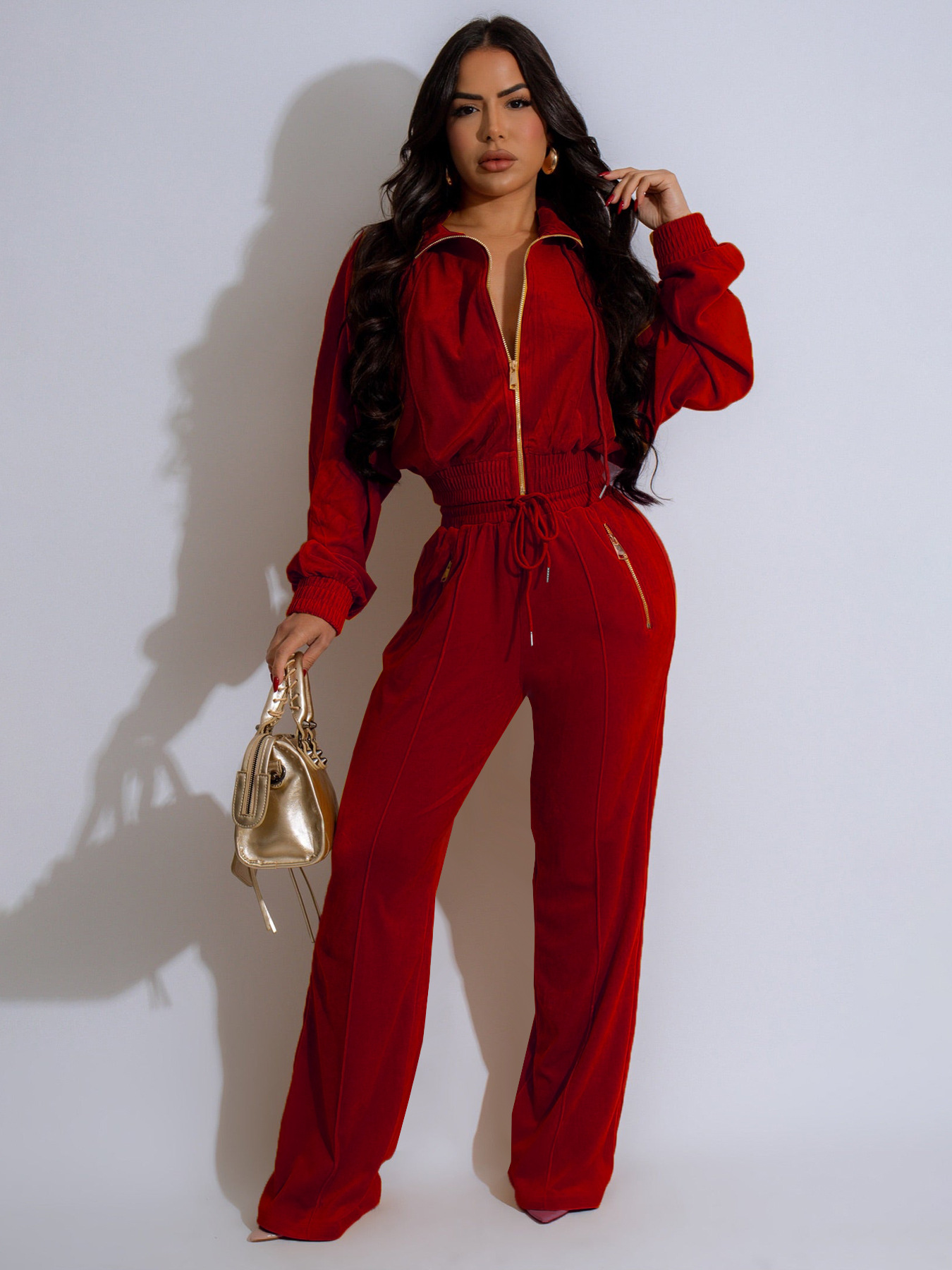 Women's Lapel Zip-up Cardigan And Trousers Two-piece Set_voghion.com