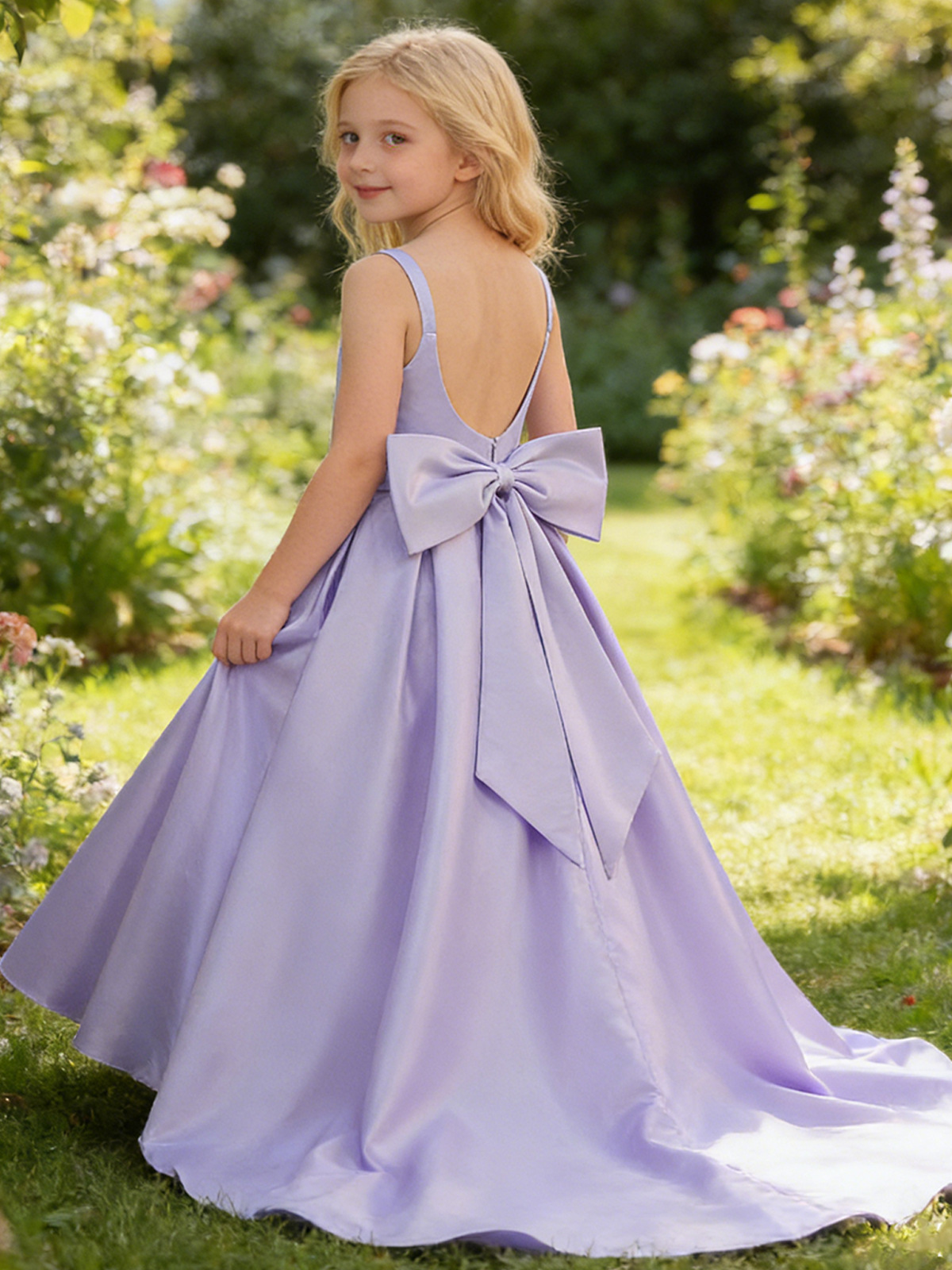 Niñas europeas y americanas trailing vestido de gran tamaño, satin, gran arco, vestido de princesa, vestido de fiesta para niños.