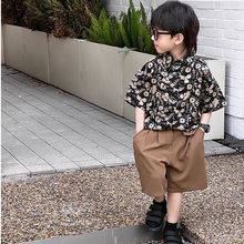 2025男童新款复古黑色碎花短袖衬衫中小童洋气夏装宝宝炸街开衫潮