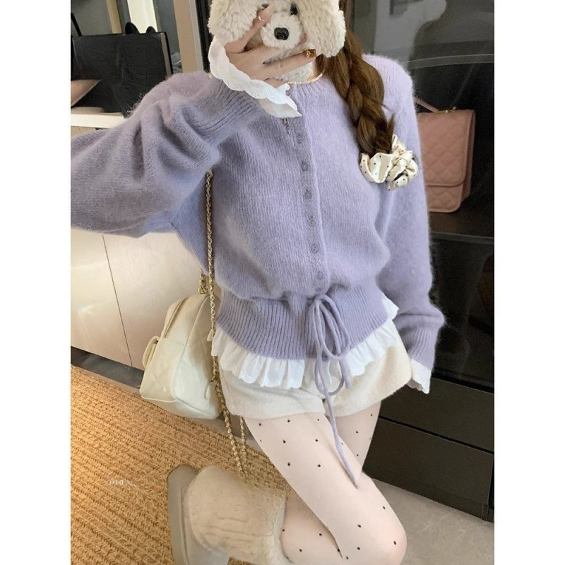 新年红色毛衣女2025冬季新款设计感蕾丝拼接系带收腰长袖针织上衣|undefined