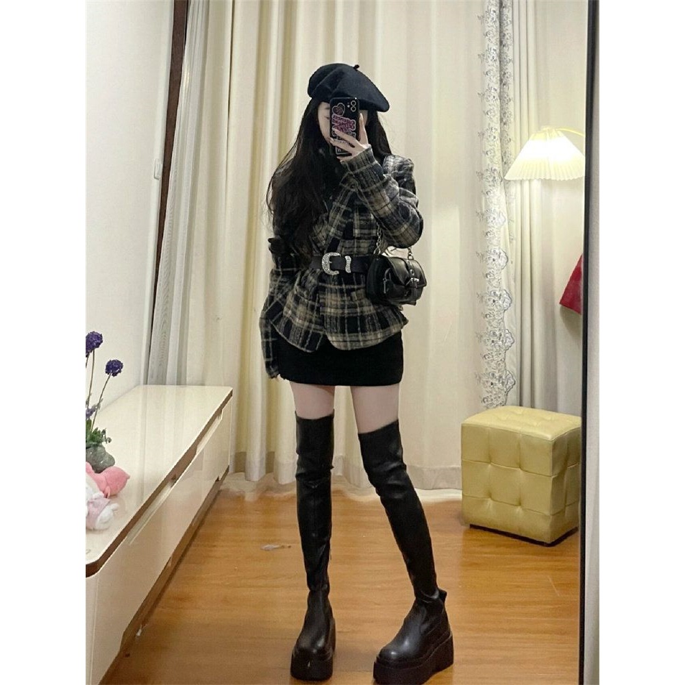 高级感复古格纹小香风西装毛呢外套秋冬新款高腰显瘦半身裙套装女