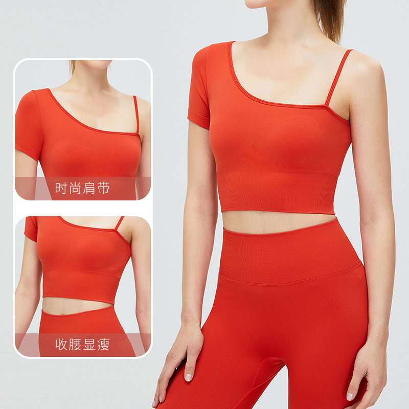 Europea y americana transfronteriza sin costuras cuello oblicuo fuera del hombro ropa de yoga mujer desnuda belleza espalda deportes superior transpirable de secado rápido ropa de fitness