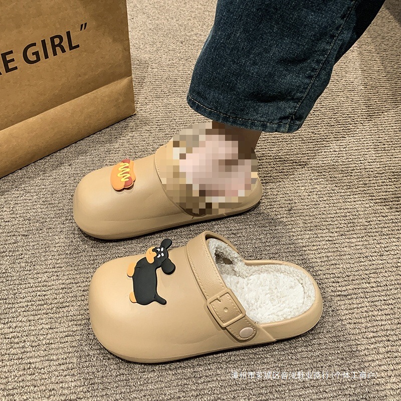 Cotton Slippers for Women to Wear Outside in Autumn and Winter 2025 New Cute Sausage Dog Fleece-Lined Warm Non-Slip Waterproof Toe-Toe Slippers
