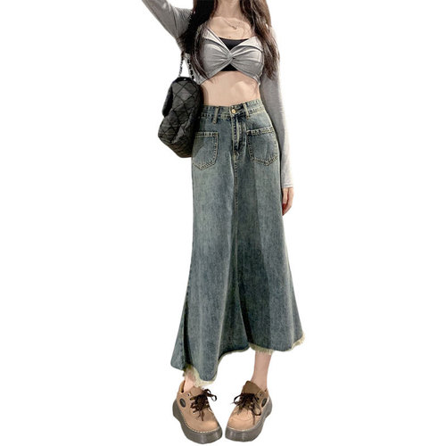 Denim skirt women's summer new ins style Korean style high waist slimming A-line skirt niche design raw edge fishtail skirt