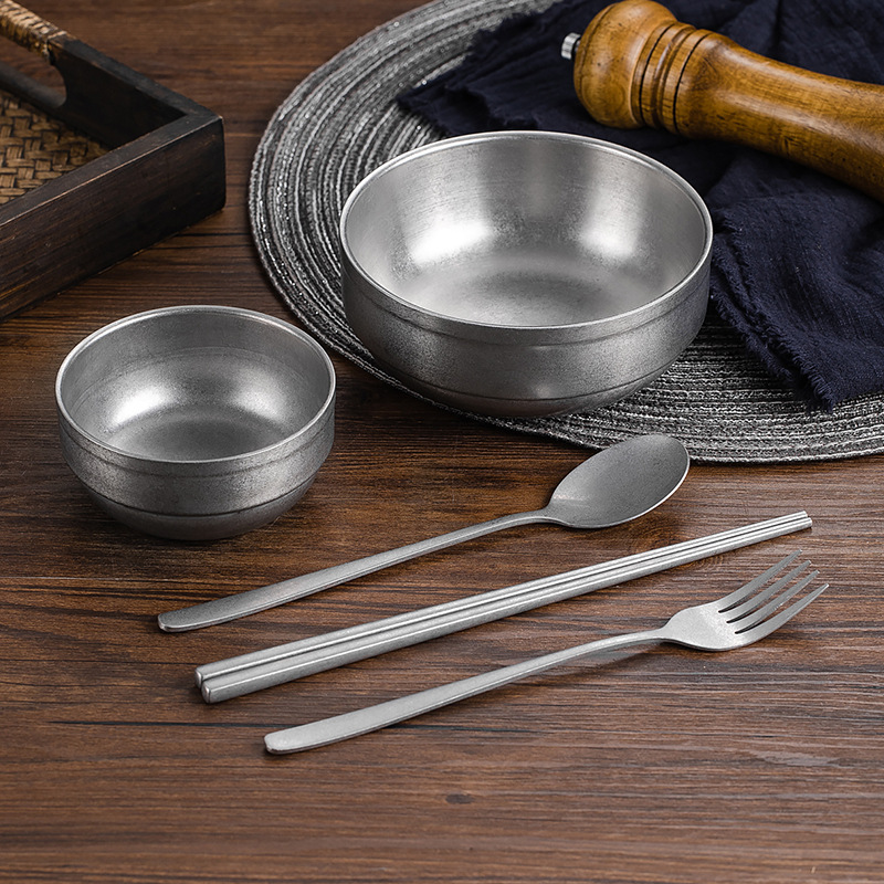 304 스테인레스 스틸 젓가락 숟가락 포크 빈티지 눈송이 회색 산업 스타일 야외 캠핑 더블 레이어 밥 그릇