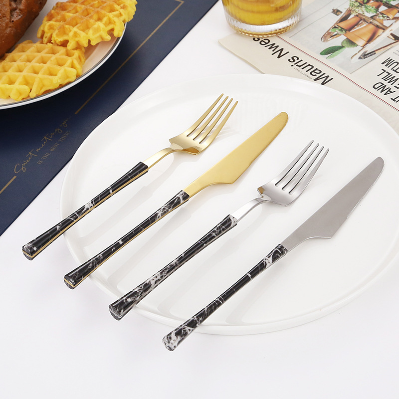 430 vajilla de acero inoxidable cuchillo de carne, tenedor y cuchara de clip manejar pequeña cintura mármol comida occidental 4 piezas cuchara transfronteriza cuchara de té