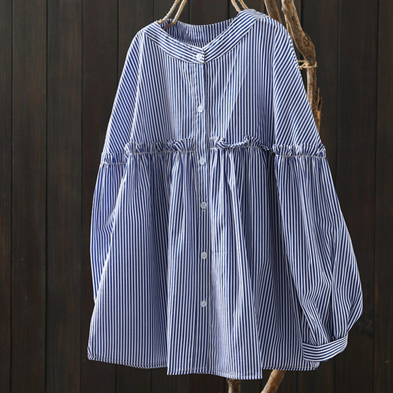 日系森女条纹衬衫女长袖春装新款木耳边宽松显瘦上衣打底衫