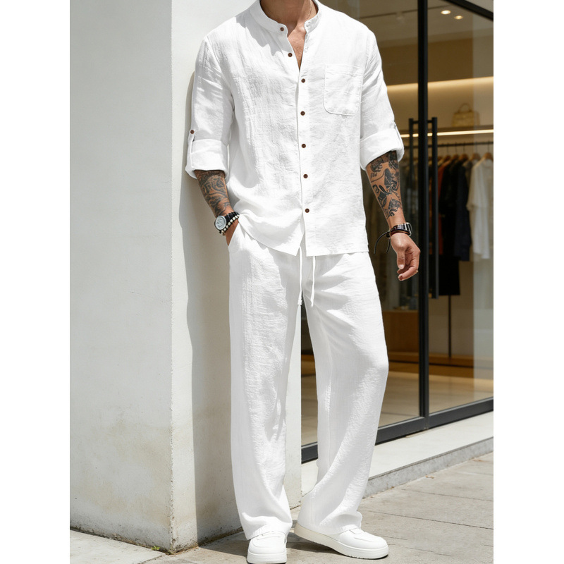 2026 Cross-Border American-Style Men's Shirt, Men's Long-Sleeve Retro Stand-Collar Spring and Autumn Linen Youth Long-Sleeve Long Pants Set 2026 Cross-Border American-Style Men's Shirt, Men's Long-Sleeve Retro Stand-Collar Spring and Autumn Linen Youth Long-Sleeve Long Pants Set