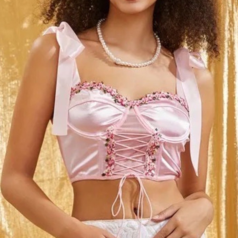 Top de Encaje con Cordones, Estilo Europeo y Americano, Color Sólido, con Tirantes, Estilo Bandeau, con Lazo, Superventas