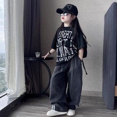男の子と女の子の夏カジュアルヒップホップスタイルルーズビッグバージョンTシャツ中大子供用薄手ワイドレッグジーンズ2点セットトレンディ9