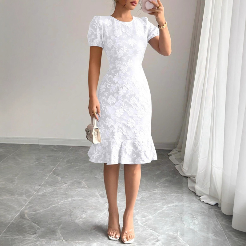 Source Factory European and American Cross-Border Summer New Women's Puff Sleeve Texture Jacquard Round Neck Retro Style Dress