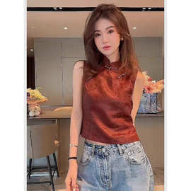 欧洲站2025年夏季新中式国风设计感红色斜襟盘扣立领无袖马甲上衣