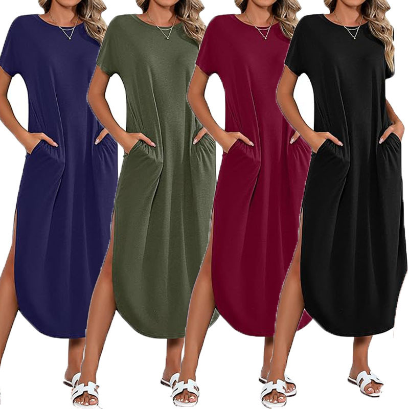 European and American Women's Short Sleeve Super Long dress Round Neck Casual Loose Split Long Summer Beach Shirt with Pocket