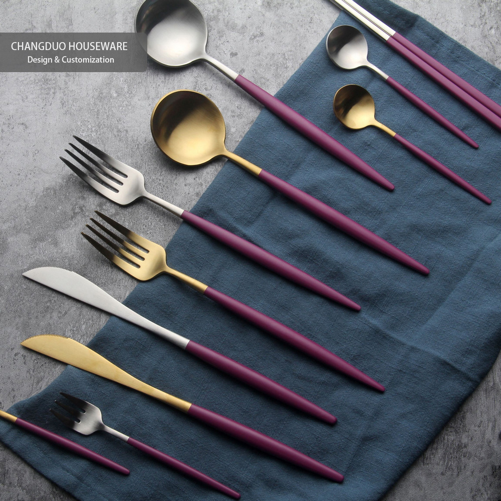 紫色-欧式金牛排刀叉套装家用汤勺调羹可爱不锈钢西餐具日韩礼品