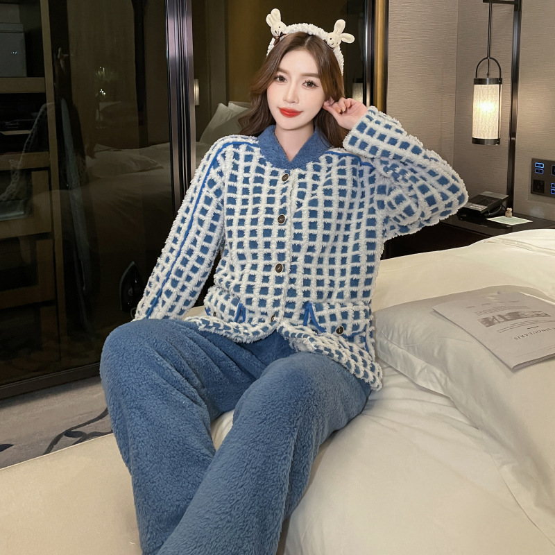 Alto grado Plaid azul pijamas de las mujeres Otoño e Invierno franela cardigan engrosada felpa traje ropa de abrigo homewear