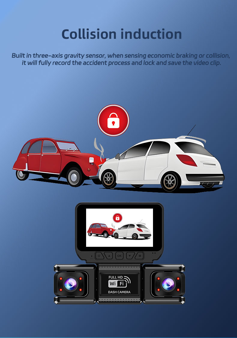360-degree four-lens dashcam with WiFi mobile phone connectivity, infrared night vision, and loop recording