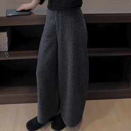 韩系百搭慵懒感毛呢格子休闲九分裤女冬季加绒加厚高腰显阔腿裤