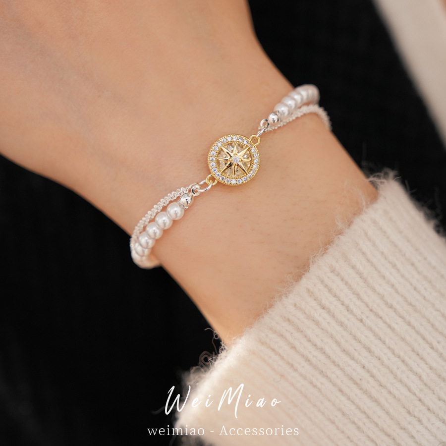 Pulseras de perlas redondas de diamante de diamante de diamante de doble capa de pulseras de lujo ligeras de alta calidad temperamento delicado joyería de moda