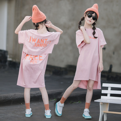 Girls T-shirt dress summer 2024 new style Korean style trendy casual loose short-sleeved front short back long dress