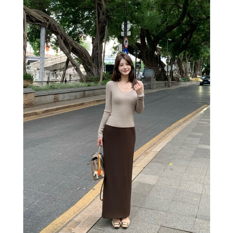2025新款高智美人包臀弹力半身开衩长裙高级乱麻梨形显瘦直筒半裙|undefined