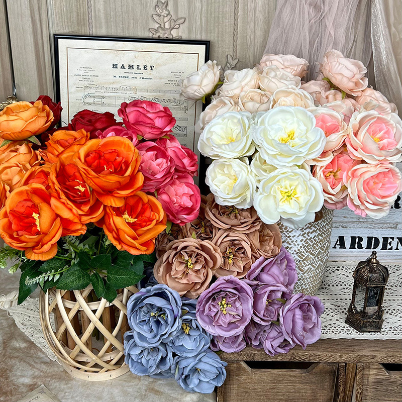 7頭のオースティン造花、シミュレーションブーケ、ウェディングフラワー、人工シルクフラワー、結婚式の景観装飾、地面の配置|undefined