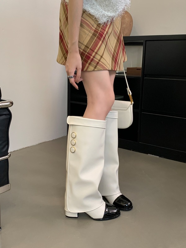 小香风圆头拼色骑士靴2025年春秋新款气质粗跟不过膝裤管靴女|undefined