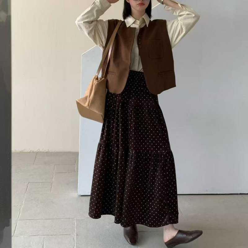 波点丝绒拼接半身裙女秋季2025秋冬新款高腰显瘦大摆蛋糕裙长裙|undefined