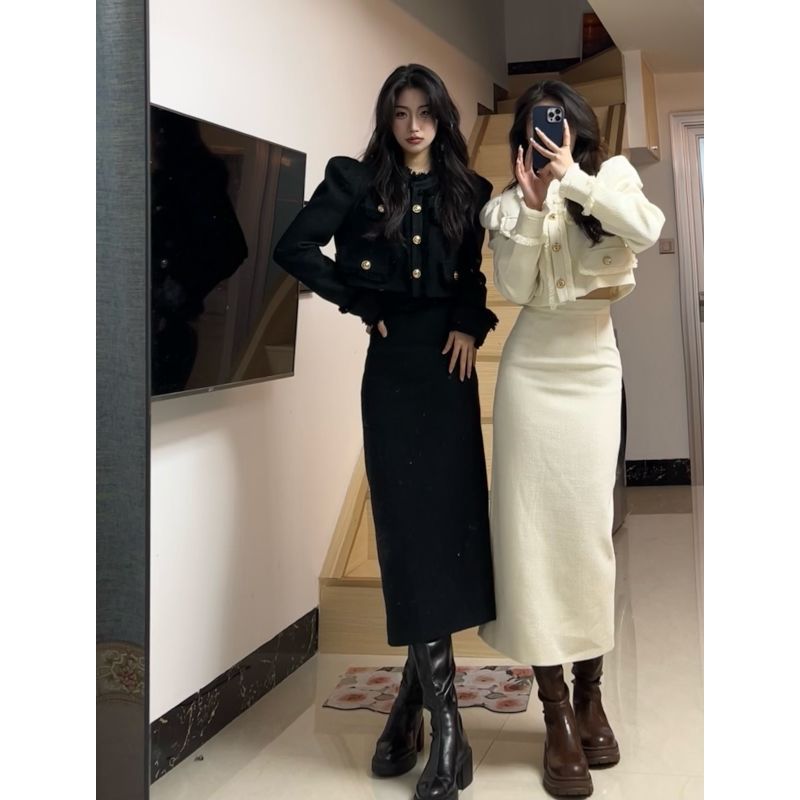 Autumn and Winter New Fashion Suit for Women, Small Fragrant Style, Ladylike Short Suit Jacket, Slimming Look Slit Long Skirt for Women