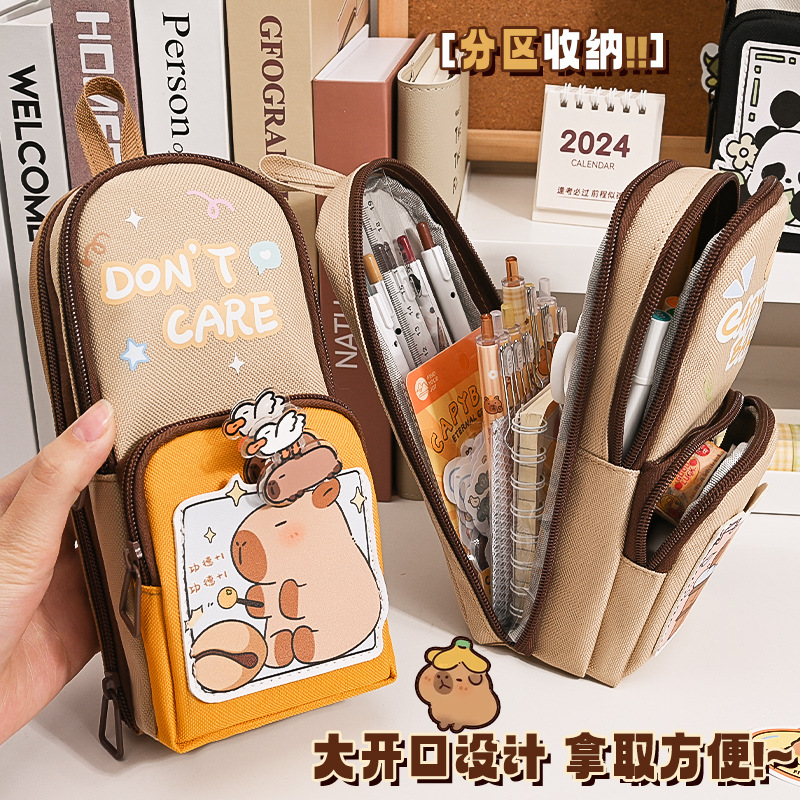 Bolsa de lápiz Capibara bolsas de papelería de dibujos animados de estudiantes de gran capacidad anti-sucio multifuncional bolsas de lápiz multicapa de alto valor facial