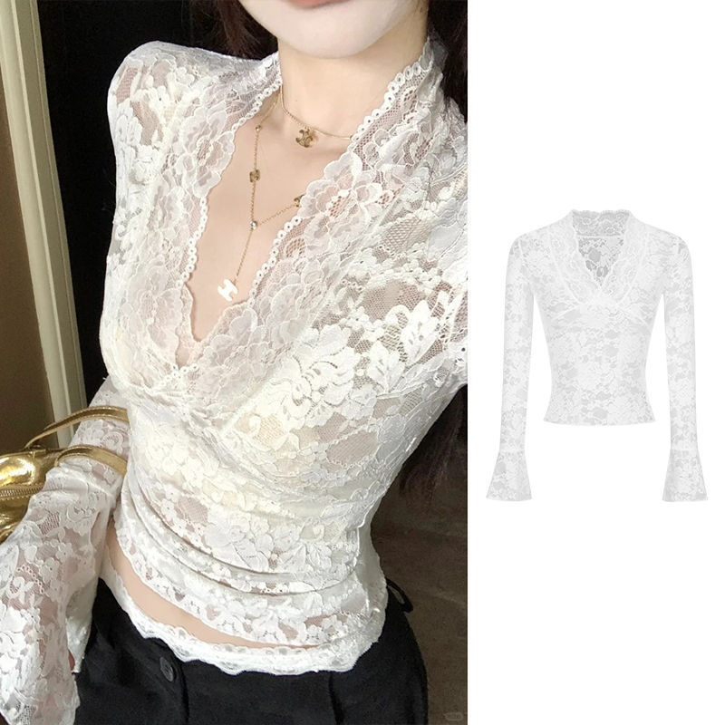 MosesQueen design sexy V-neck waist slimming lace shirt pure slim top