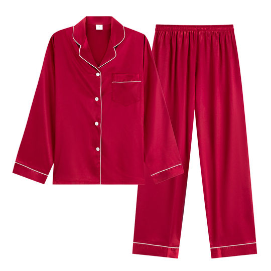 Amazon Loose plus size Women's Long-sleeved Trousers Upper and Lower Split Pajamas Thin Silk Casual Home Clothes suit