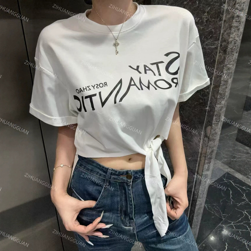 Lusi's Same Style Summer Short-Sleeve Top with Printed Tie-Up Design, Short T-Shirt with Round Neck, Stylish and Versatile, Comfortable