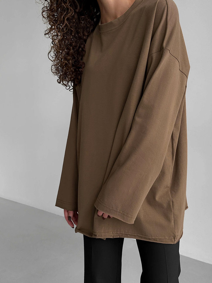 Áo thun nữ cotton 100% cổ tròn tay dài form rộng màu trơn — Màu cà phê, Màu hồng, Màu mơ, Màu trắng chi tiết 17
