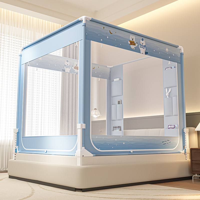 Verano cama mosquiteros de bolsillo tipo anti-mosquitos dibujos animados dormitorio tres puertas de cremallera antipolvo sin instalación soporte grueso