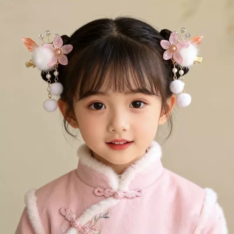 古风琉璃花朵可爱毛绒长流苏儿童发夹古装汉服新中式新年甜美对夹