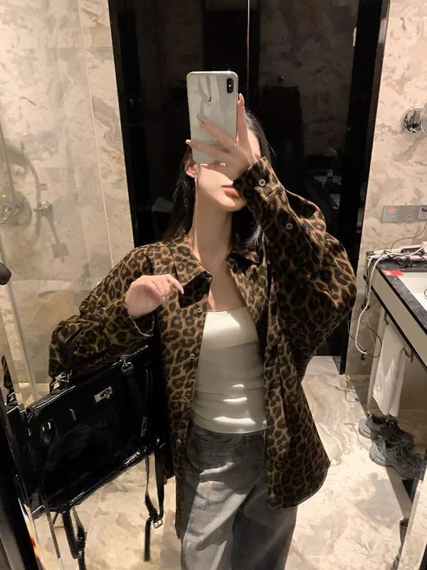 复古豹纹翻领长袖外套女秋季美式辣妹设计感小众宽松衬衫开衫上衣|undefined