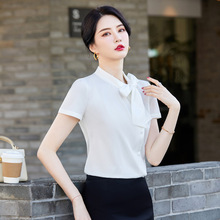 时尚新款夏季衬衫白色短袖通勤衬衣纯色立领开衫单排扣女式工衣厂