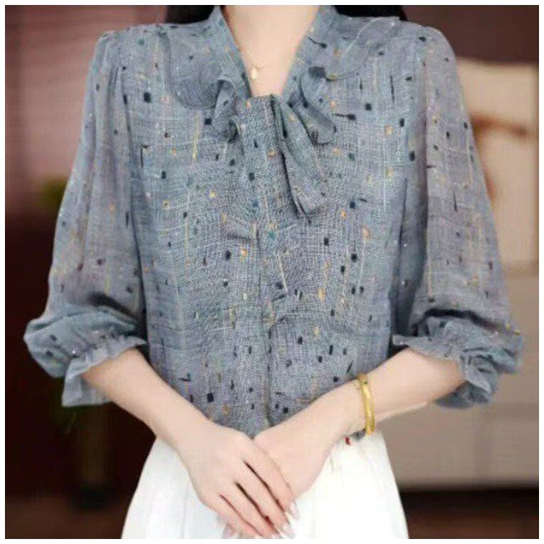 Dropshipping 2026 Spring/Summer New Style Elegant Printed Three-Quarter Sleeve Shirt, Stylish Loose Thin Design with Fluttering Collar and Lace Trim Dropshipping 2026 Spring/Summer New Style Elegant Printed Three-Quarter Sleeve Shirt, Stylish Loose Thin Design with Fluttering Collar and Lace Trim