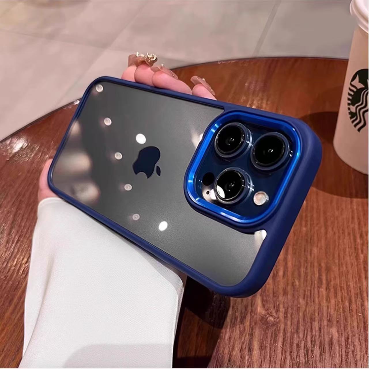 Lente azul oscuro-transparente-metal-escudo dorado-agujero grande