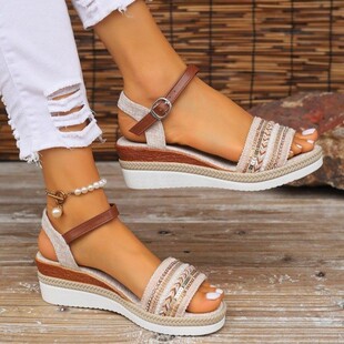 24 New plus size Thick-soled Wedge Casual Sandals Women's One-word Buckle High-heeled Fabric Foreign Trade Fish-mouth Sandals Cross-border