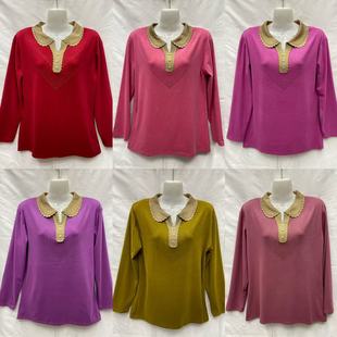 Threaded Long-Sleeved T-Shirt for Women, New Loose Slimming Look Top, Elastic Middle-Aged Mother's Lapel Spring & Fall T-Shirt, Autumn 2025