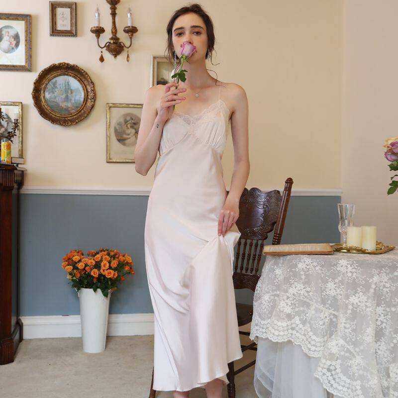 Cross-Border Style Ice Silk Long Nightgown for Women, Summer French Retro Thin Imitation Silk Camisole Dress Nightgown Set for Spring and Autumn Cross-Border Style Ice Silk Long Nightgown for Women, Summer French Retro Thin Imitation Silk Camisole Dress Nightgown Set for Spring and Autumn