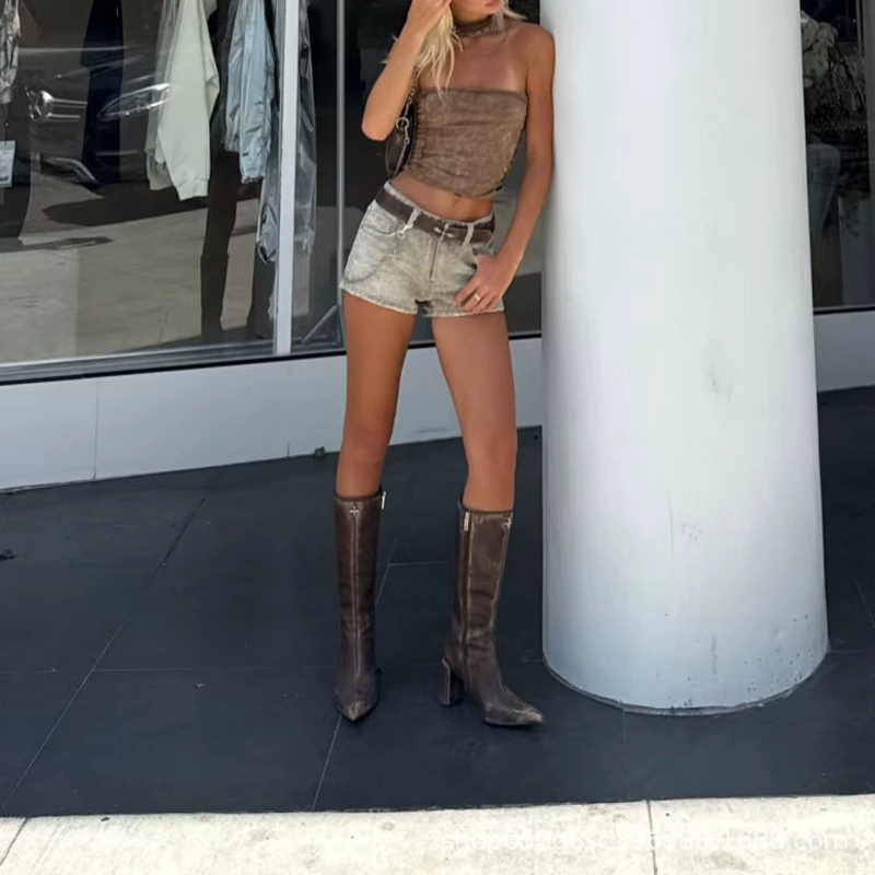 Low-Waist Denim Shorts (SK Wilderness), Handmade diamond-studded, straight cut — Summer 25