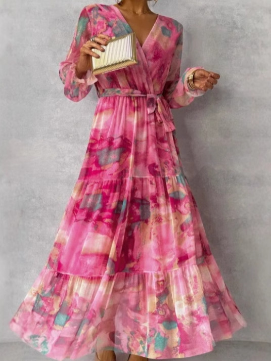 2025 European and American Cross-Border Amazon Elegant and Intellectual Style Lace-Up Printed Stitching Large Hem Women's Dress