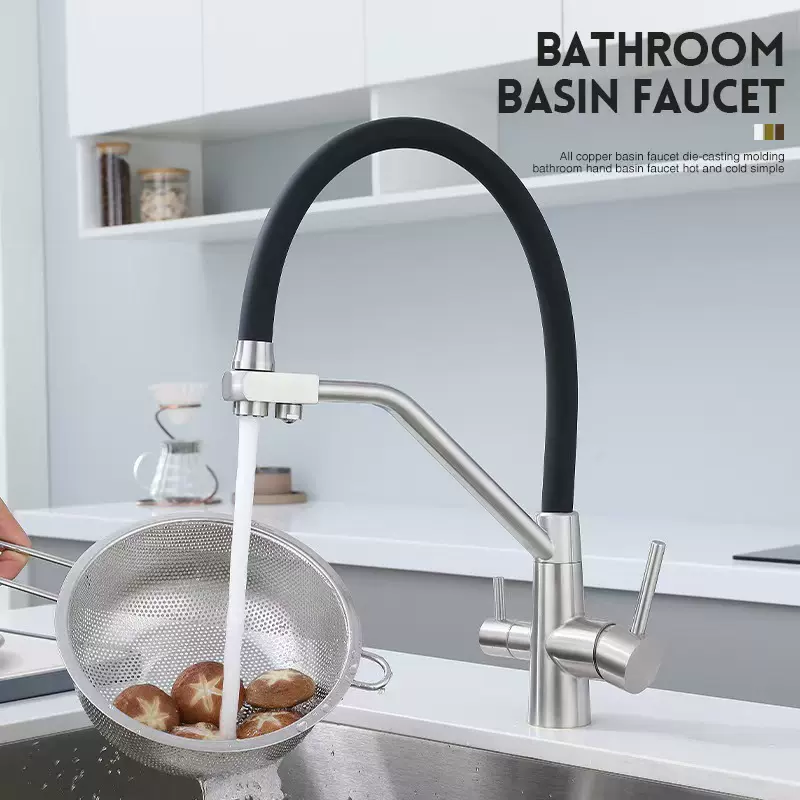 外贸跨境三合一厨房龙头全铜可旋转抽拉式水槽冷热净水直饮单孔