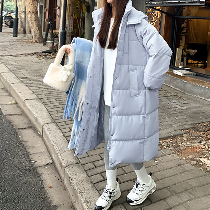 2025 새로운 겨울면 패딩 재킷 여성의 긴 무릎 길이 패딩 면화 패딩 된 느슨한 빵 의류 후드