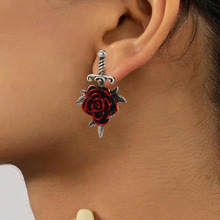 欧美跨境新品哥特式红色玫瑰花耳钉女 时尚复古十字架创意耳环