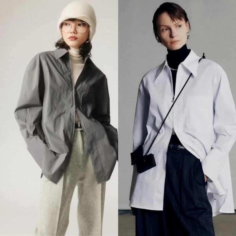 26 Early Spring New Style Le Heavyweight Pima Cotton Asymmetrical Patch Pocket Double Zipper Shirt Jacket